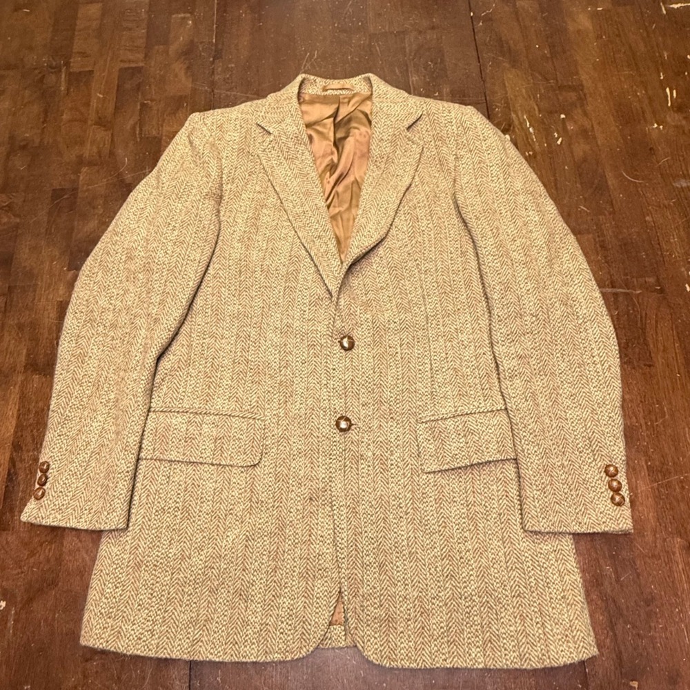 Stanley Blacker Harris Tweed Sport Coat 42 Tan Herringbone Scottish Wool Blazer